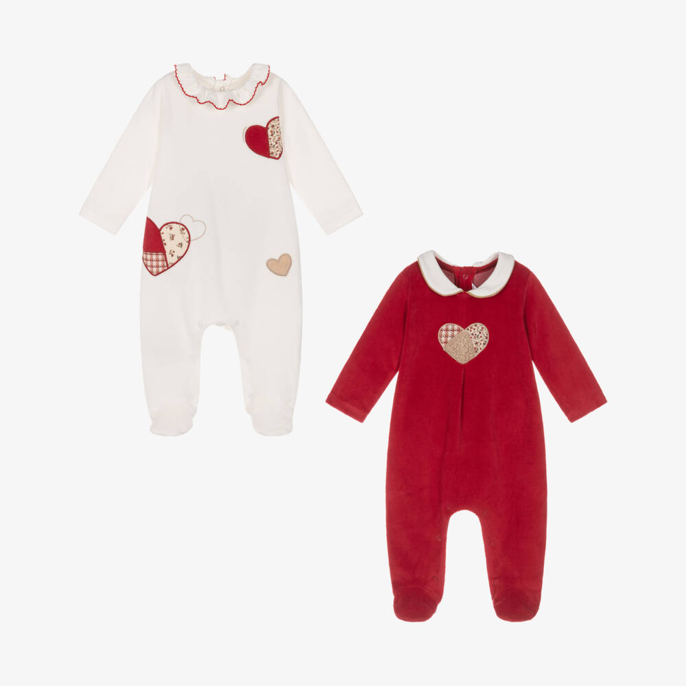 Mayoral Для новорожденных-Girls Red & White Velour Babygrows with Heart Appliqués (2 Pack) | Childrensalon