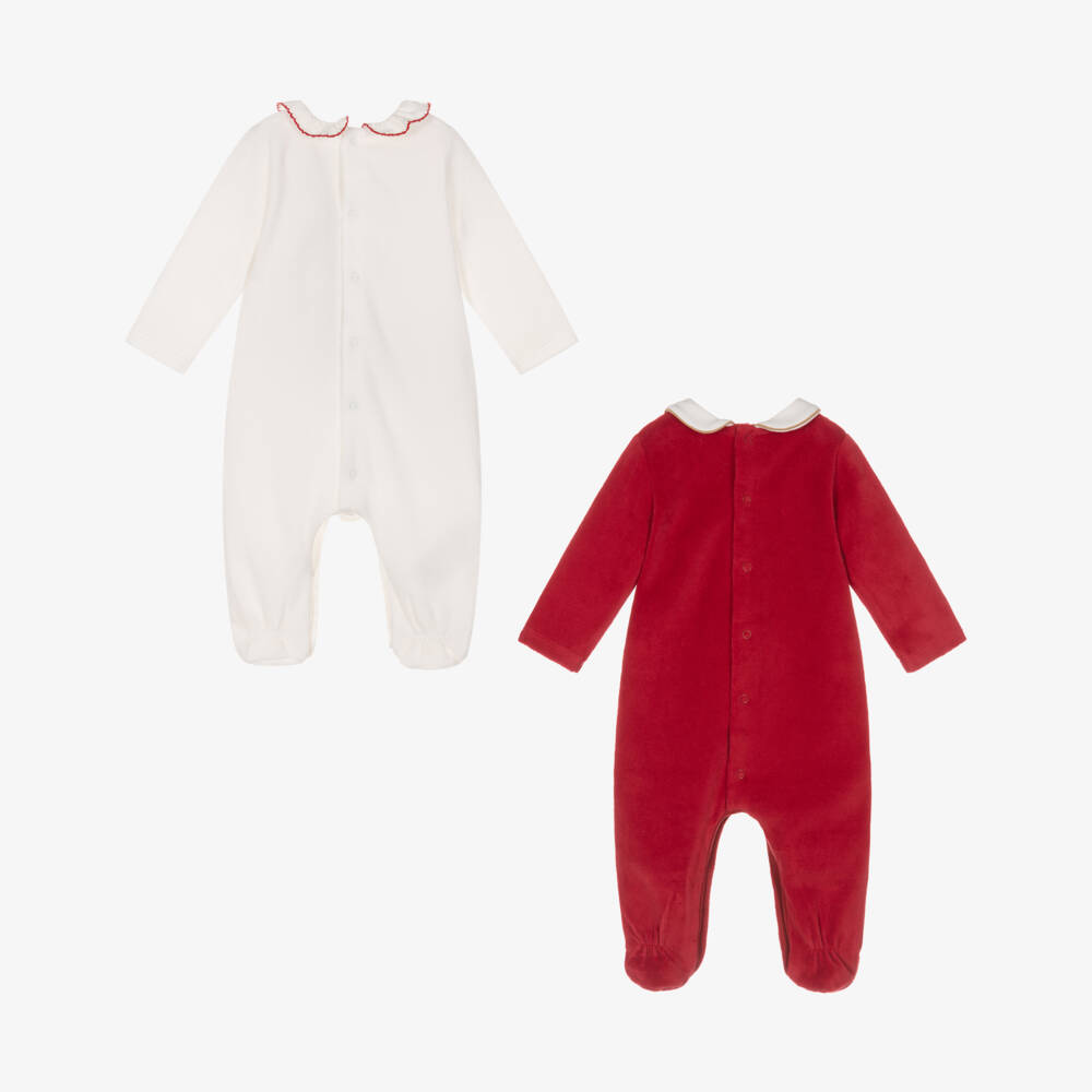 Mayoral Для новорожденных-Girls Red & White Velour Babygrows with Heart Appliqués (2 Pack) | Childrensalon