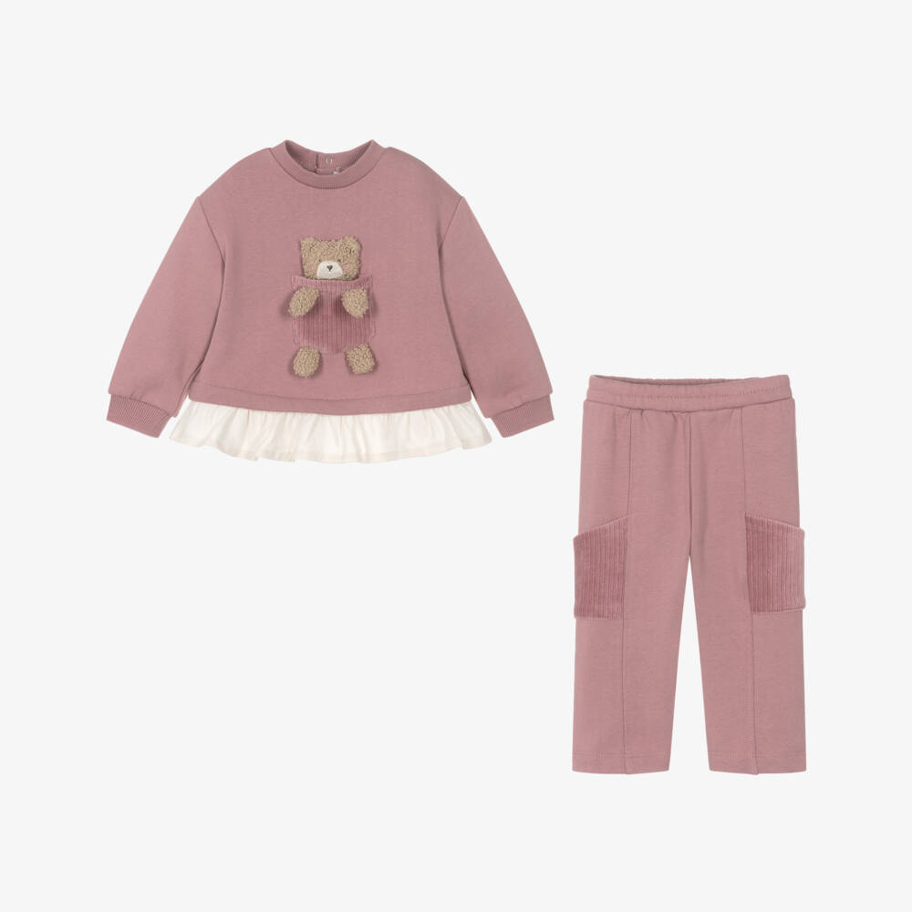 Mayoral-Girls Rose Pink Cotton Tracksuit with Teddy Bear Pocket | Childrensalon