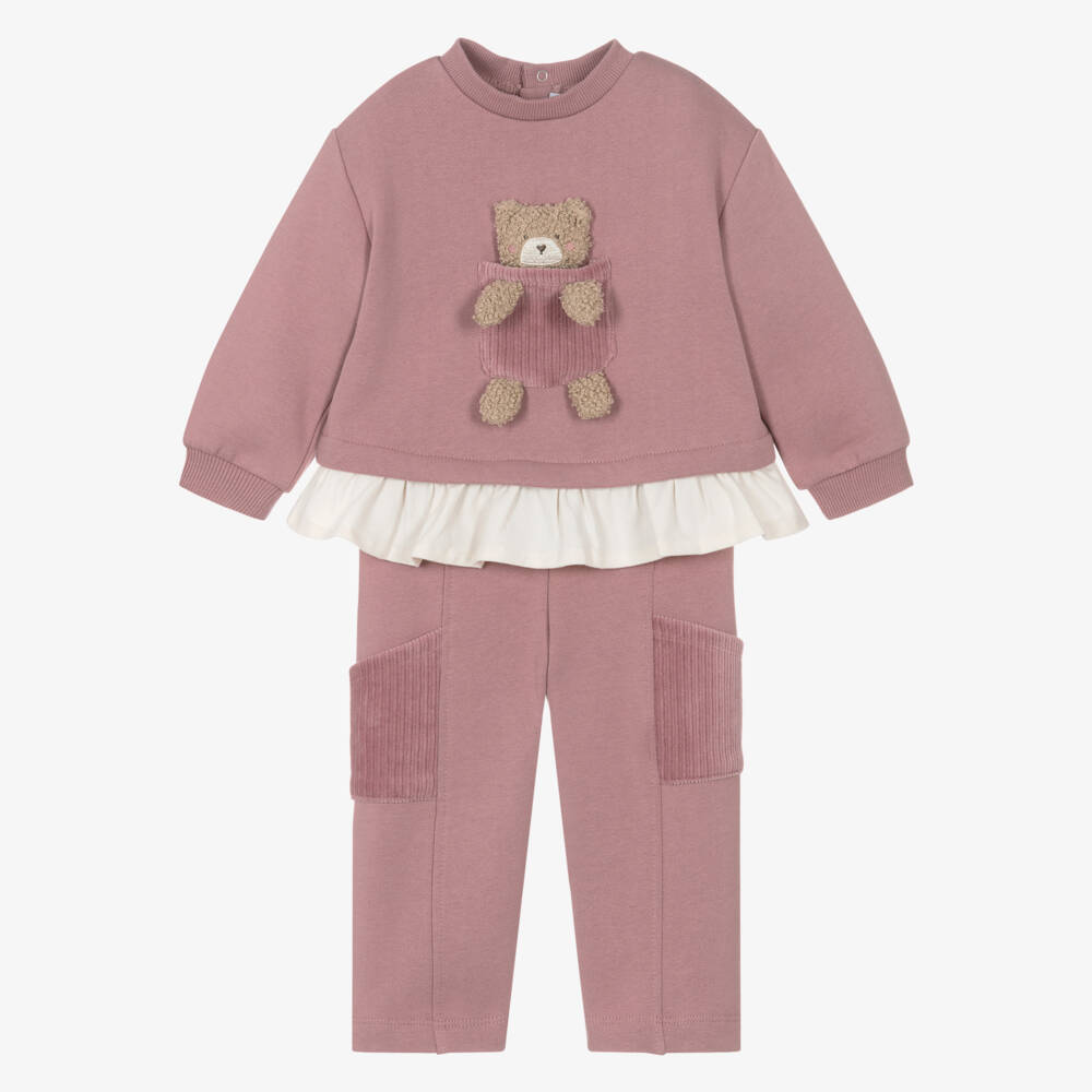 Mayoral-Girls Rose Pink Cotton Tracksuit with Teddy Bear Pocket | Childrensalon