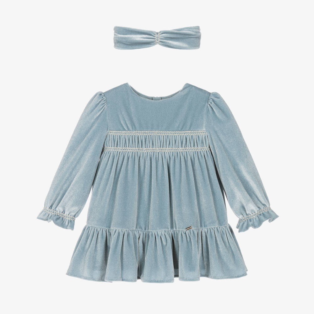 Mayoral-Girls Shimmery Blue Velour Dress Set | Childrensalon
