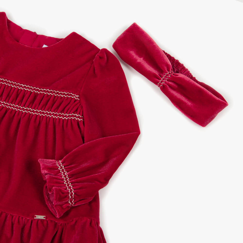 Mayoral-Girls Shimmery Red Velour Dress Set | Childrensalon