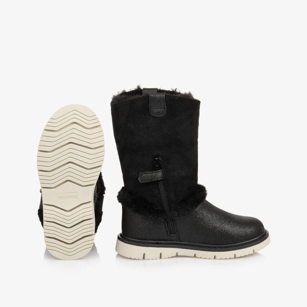 Mayoral-Girls Sparkly Black Boots with Faux Fur Trim | Childrensalon