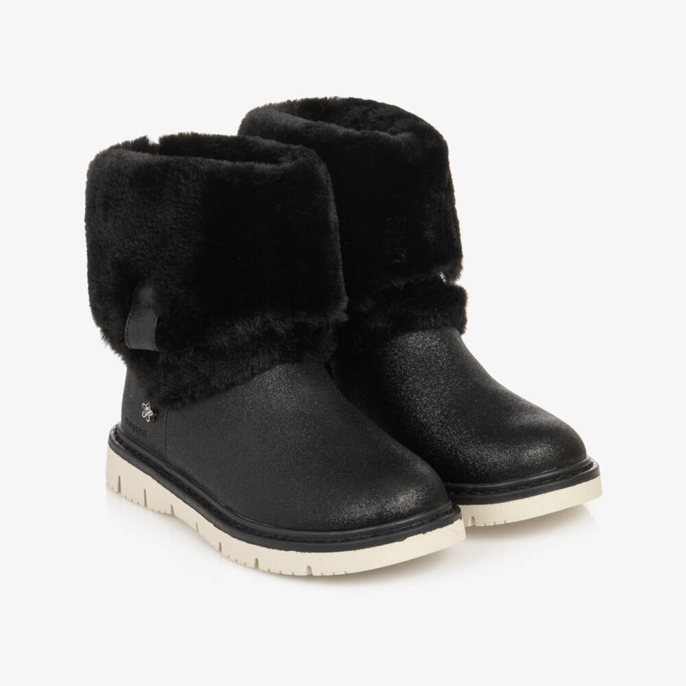 Mayoral-Girls Sparkly Black Boots with Faux Fur Trim | Childrensalon