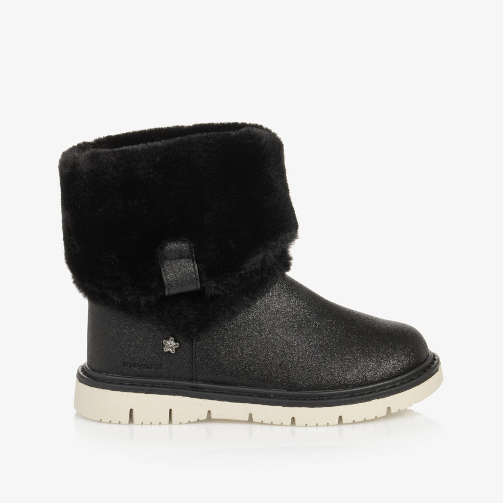 Mayoral-Girls Sparkly Black Boots with Faux Fur Trim | Childrensalon