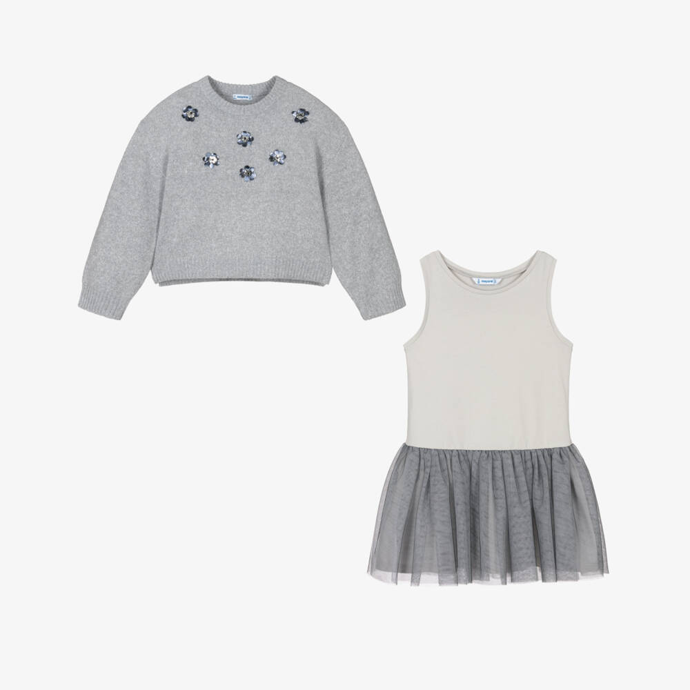 Mayoral-Girls Sparkly Grey Tulle Dress Set | Childrensalon