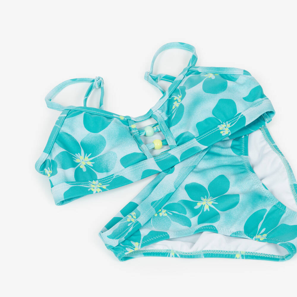 Mayoral-Girls Turquoise Blue Bikini with Tropical Flower Print | Childrensalon
