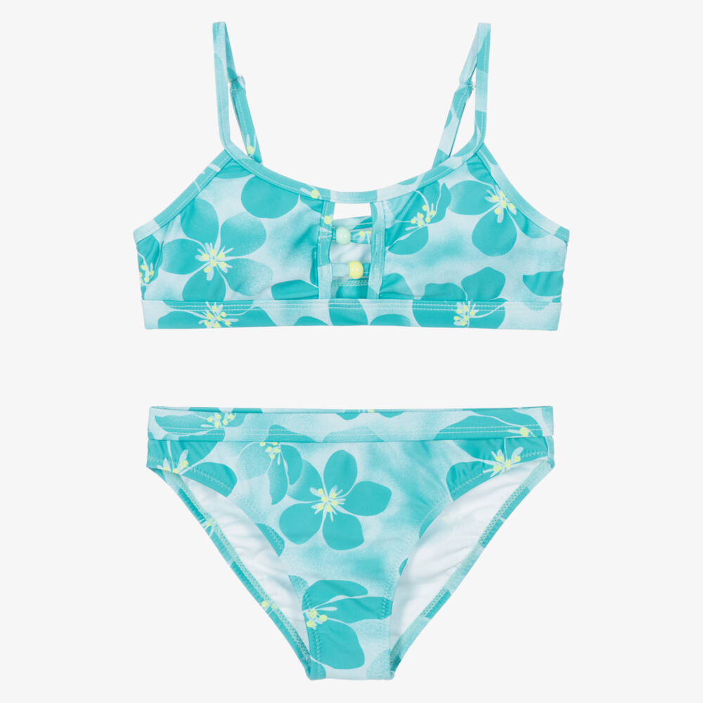 Mayoral-Girls Turquoise Blue Bikini with Tropical Flower Print | Childrensalon