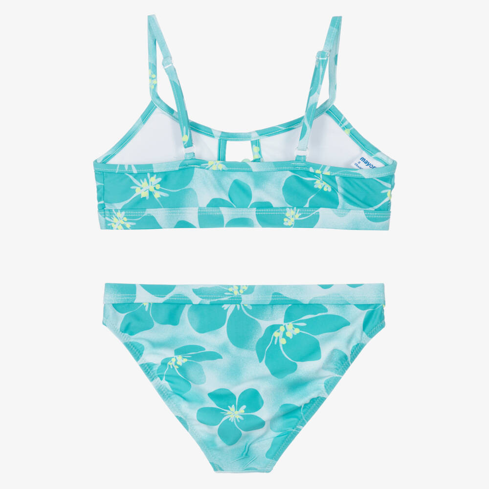 Mayoral-Girls Turquoise Blue Bikini with Tropical Flower Print | Childrensalon