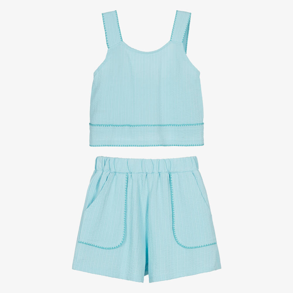 Mayoral-Girls Turquoise Blue Cotton Jersey Shorts Set | Childrensalon