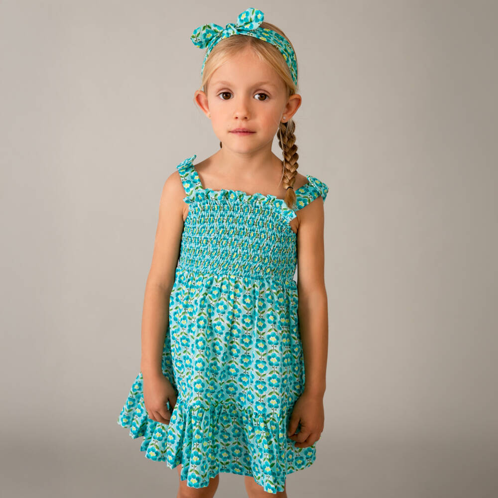Mayoral-Платье бирюзовое из хлопка с цветами и повязка на голову для девочек | Childrensalon