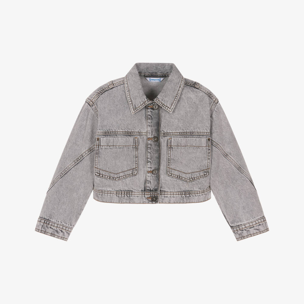 Mayoral-Girls Washed Grey Denim Jacket | Childrensalon