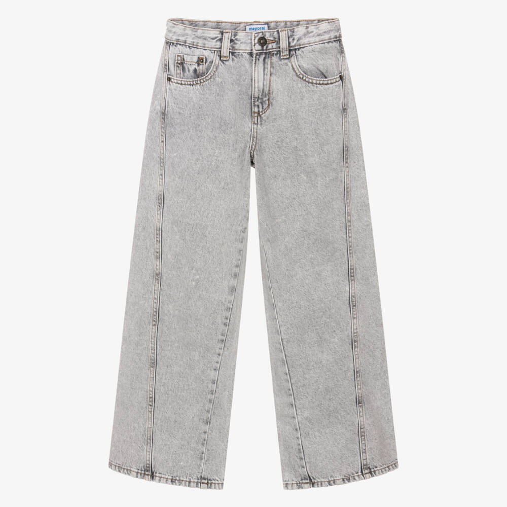 Mayoral-Girls Washed Grey Denim Wide Leg Jeans | Childrensalon