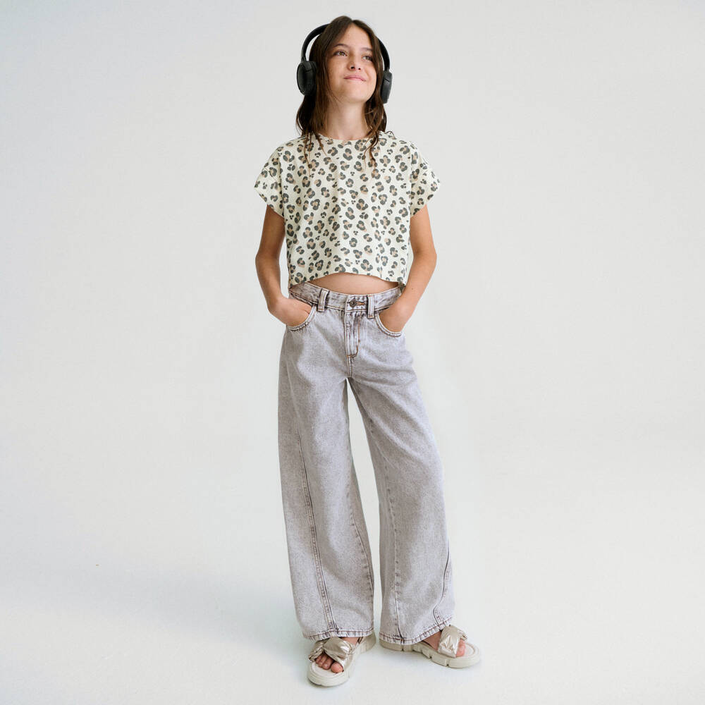 Mayoral-Girls Washed Grey Denim Wide Leg Jeans | Childrensalon