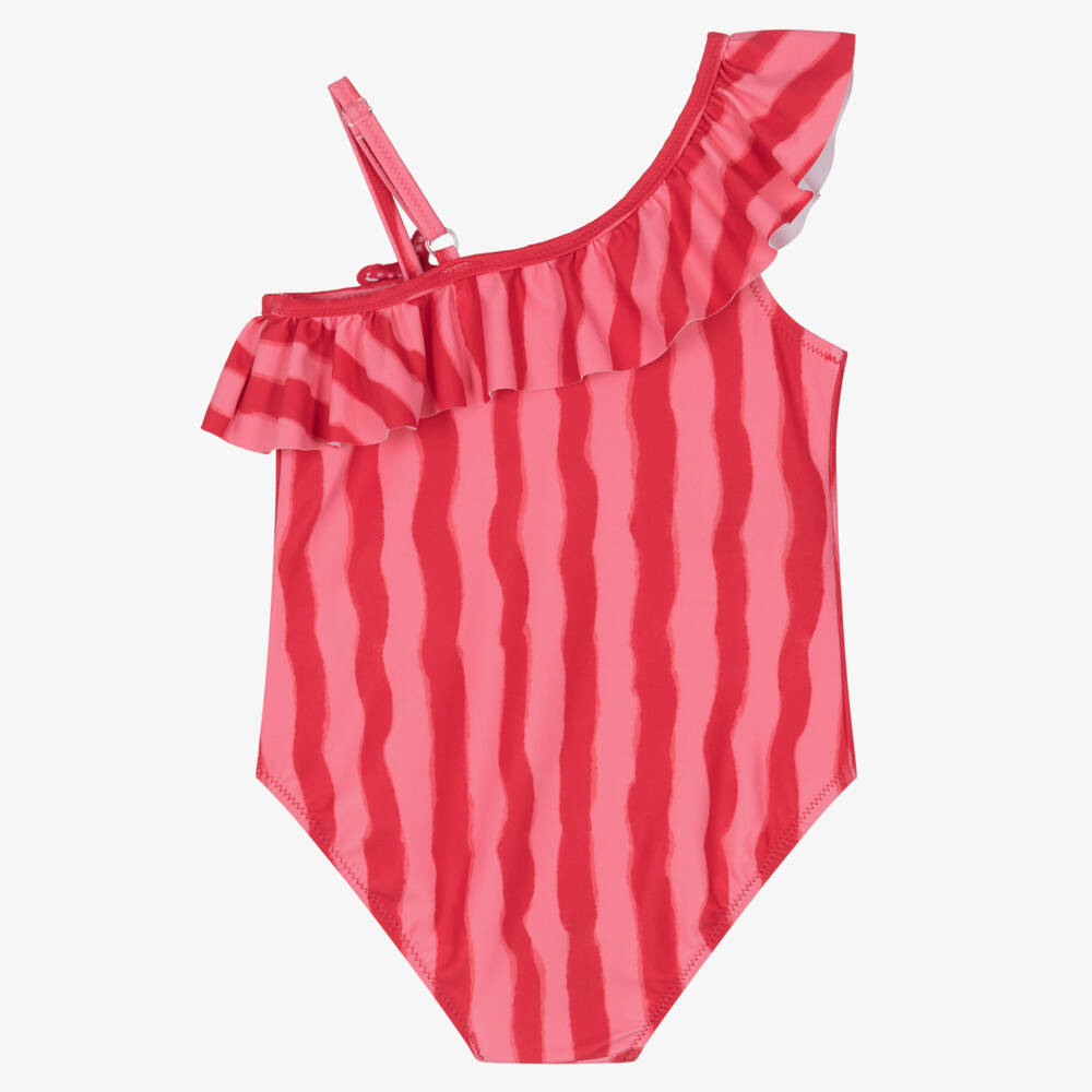Mayoral-Girls Wavy Red & Pink Stripe Swimsuit with Ruffles | Childrensalon