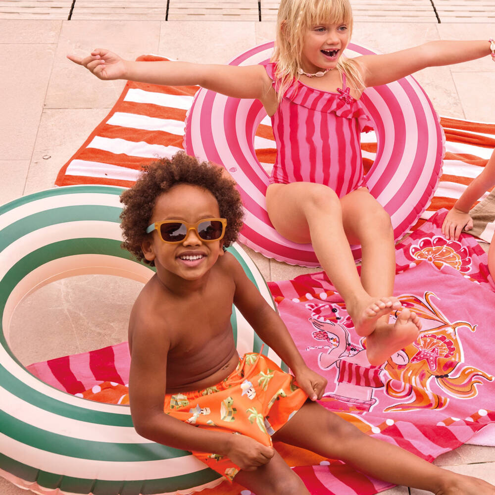 Mayoral-Girls Wavy Red & Pink Stripe Swimsuit with Ruffles | Childrensalon