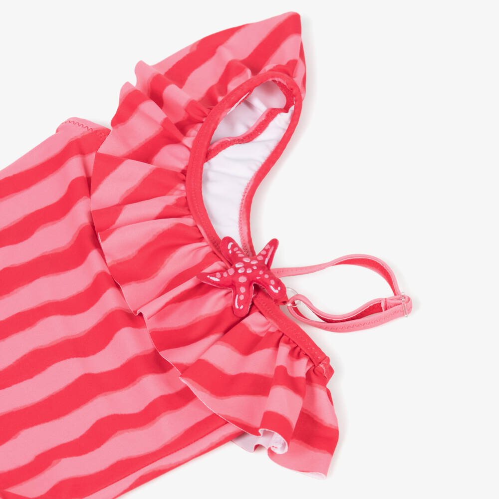 Mayoral-Girls Wavy Red & Pink Stripe Swimsuit with Starfish & Ruffles | Childrensalon