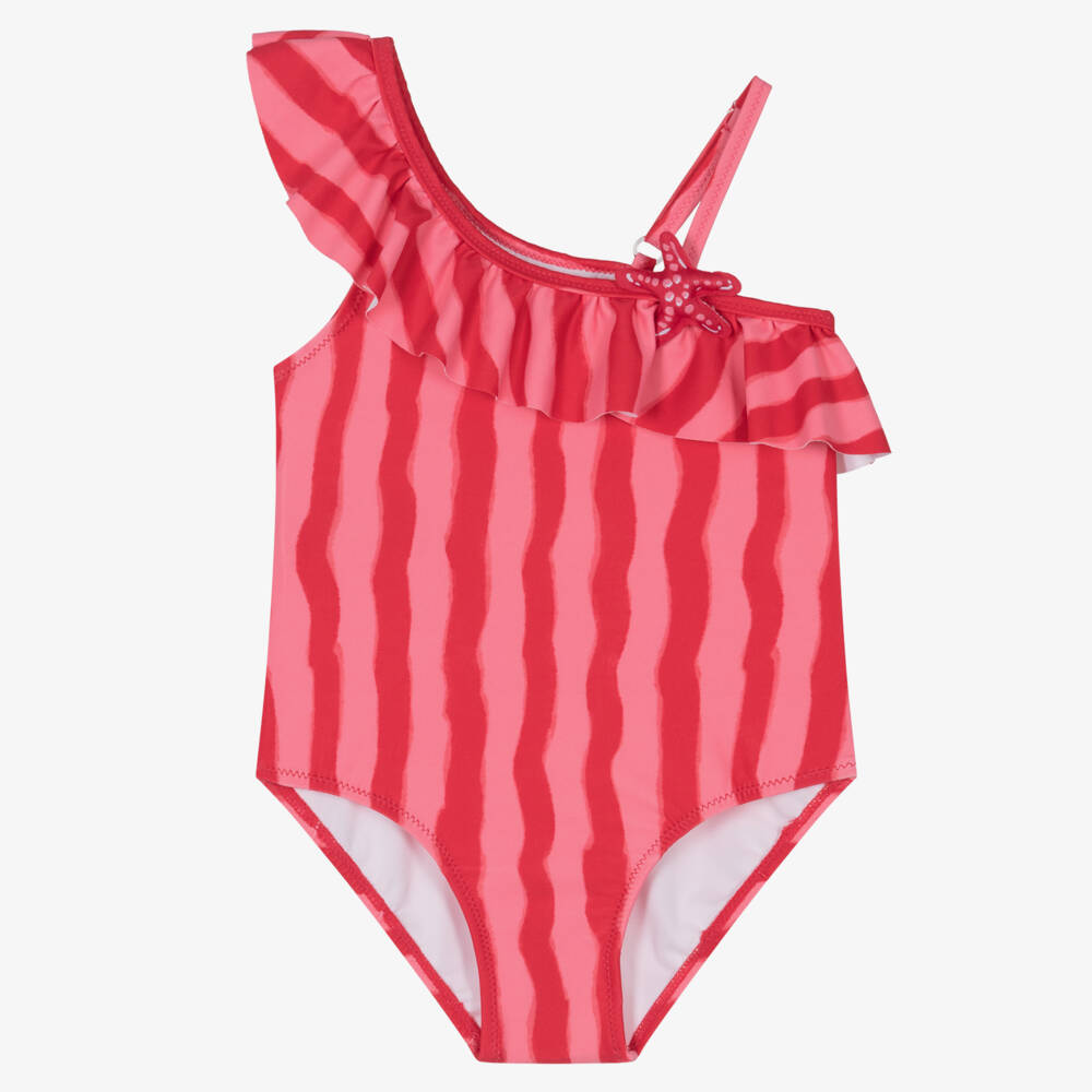 Mayoral-Girls Wavy Red & Pink Stripe Swimsuit with Starfish & Ruffles | Childrensalon