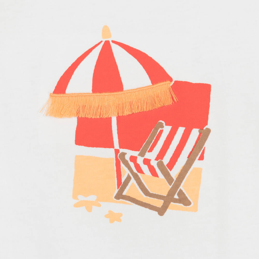 Mayoral-Girls White Beach Scene T-Shirt & Orange Lace-Trimmed Shorts Set | Childrensalon