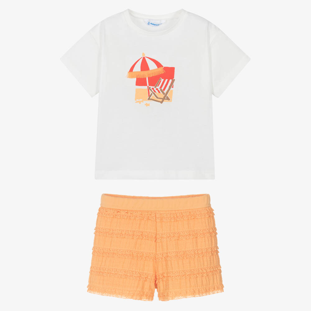Mayoral-Girls White Beach Scene T-Shirt & Orange Lace-Trimmed Shorts Set | Childrensalon