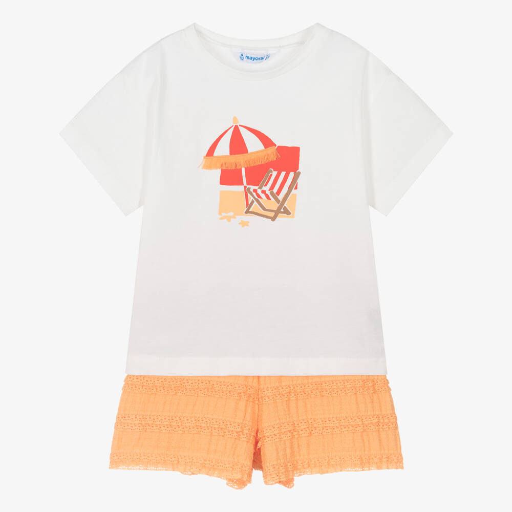 Mayoral-Girls White Beach Scene T-Shirt & Orange Lace-Trimmed Shorts Set | Childrensalon