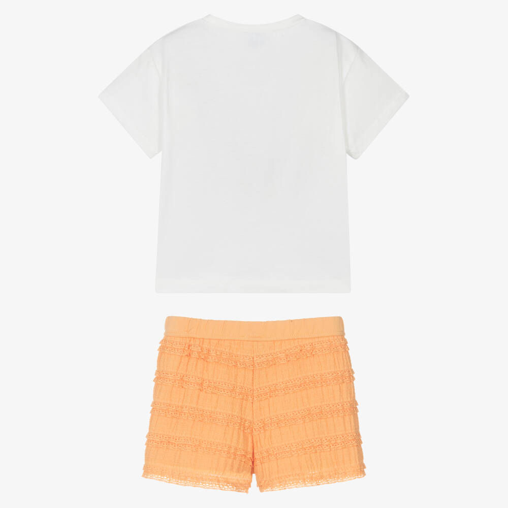 Mayoral-Girls White Beach Scene T-Shirt & Orange Lace-Trimmed Shorts Set | Childrensalon