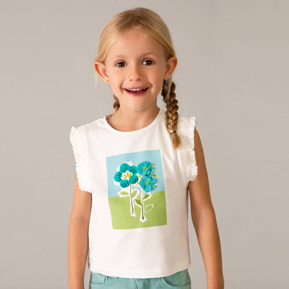 Mayoral-تيشيرت بدون أكمام قطن لون أبيض وأزرق للبنات | Childrensalon