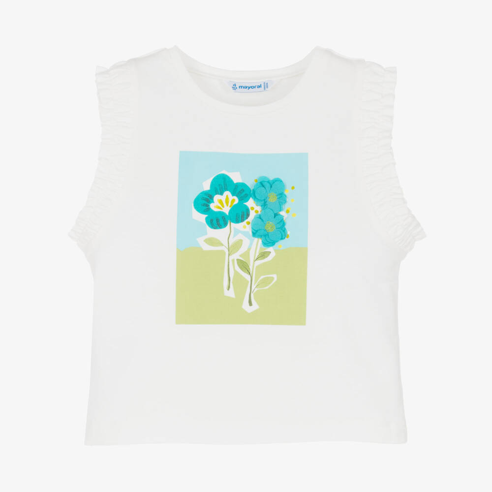 Mayoral-تيشيرت بدون أكمام قطن لون أبيض وأزرق للبنات | Childrensalon