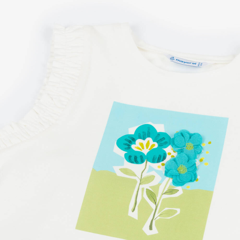 Mayoral-تيشيرت بدون أكمام قطن لون أبيض وأزرق للبنات | Childrensalon