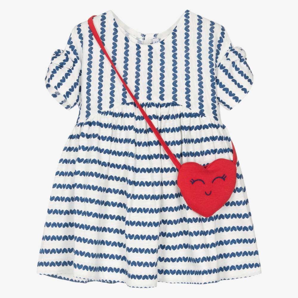 Mayoral-Girls White & Blue Heart Stripe Cotton Jersey Dress Set | Childrensalon