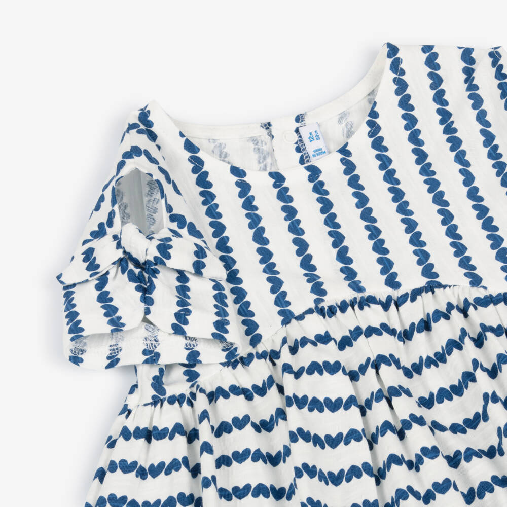 Mayoral-Girls White & Blue Heart Stripe Cotton Jersey Dress Set | Childrensalon