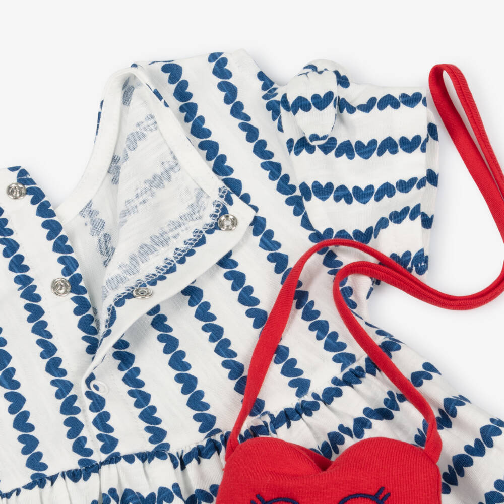 Mayoral-Girls White & Blue Heart Stripe Cotton Jersey Dress Set | Childrensalon