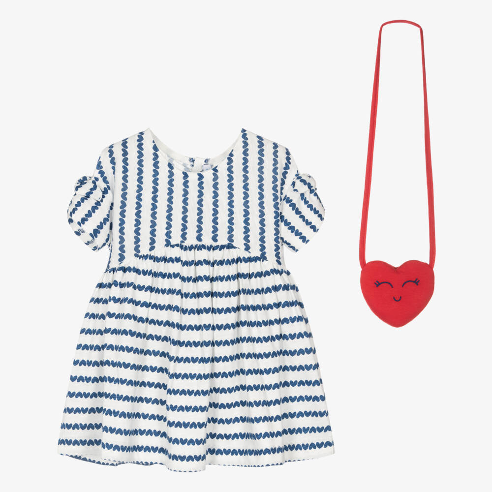 Mayoral-Girls White & Blue Heart Stripe Cotton Jersey Dress Set | Childrensalon