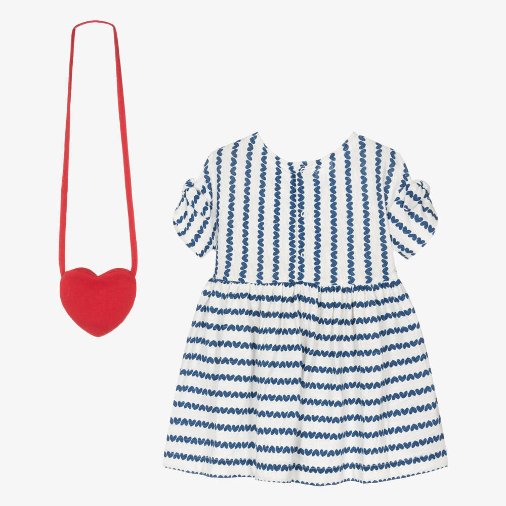 Mayoral-Girls White & Blue Heart Stripe Cotton Jersey Dress Set | Childrensalon