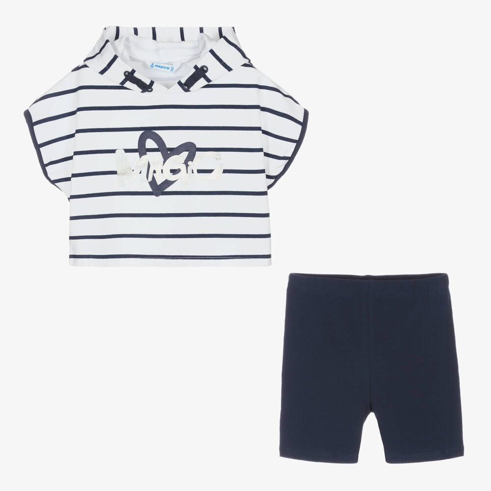Mayoral-Girls White & Blue Shorts Set | Childrensalon