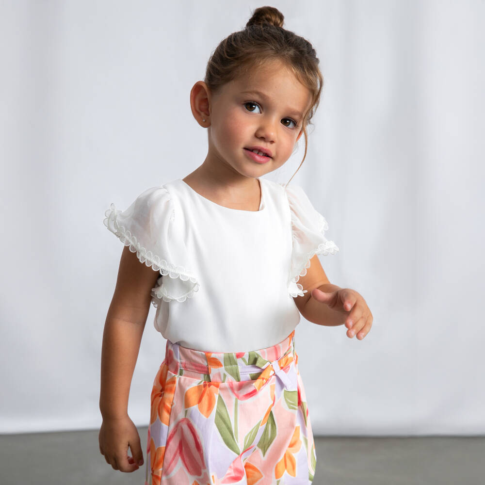 Mayoral-Girls White Chiffon Blouse with Flutter Sleeves | Childrensalon