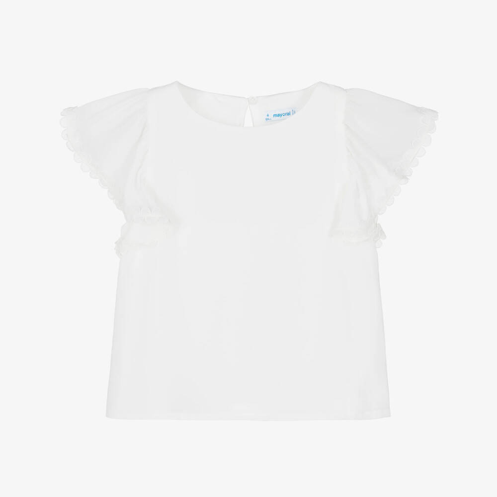 Mayoral-Girls White Chiffon Blouse with Flutter Sleeves | Childrensalon