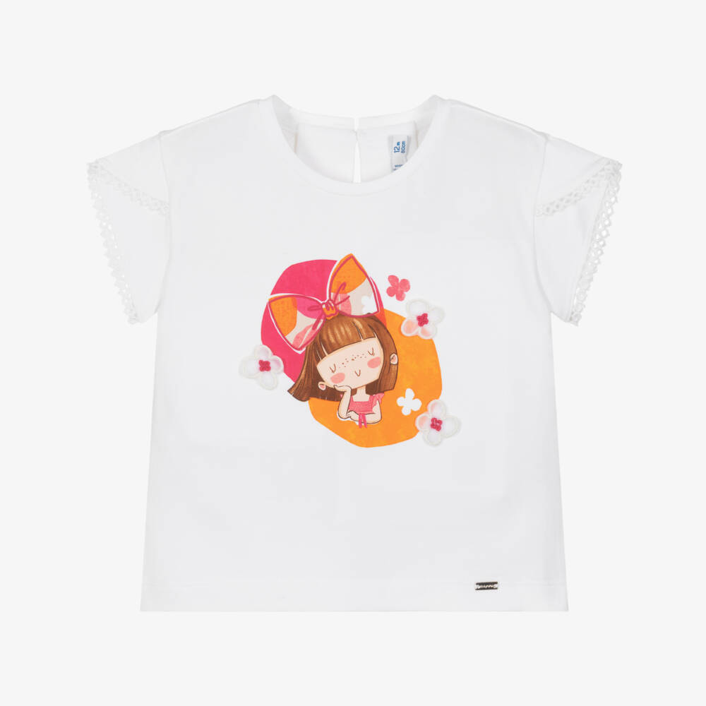 Mayoral-Girls White Cotton Girl Print T-Shirt with 3D Flowers | Childrensalon