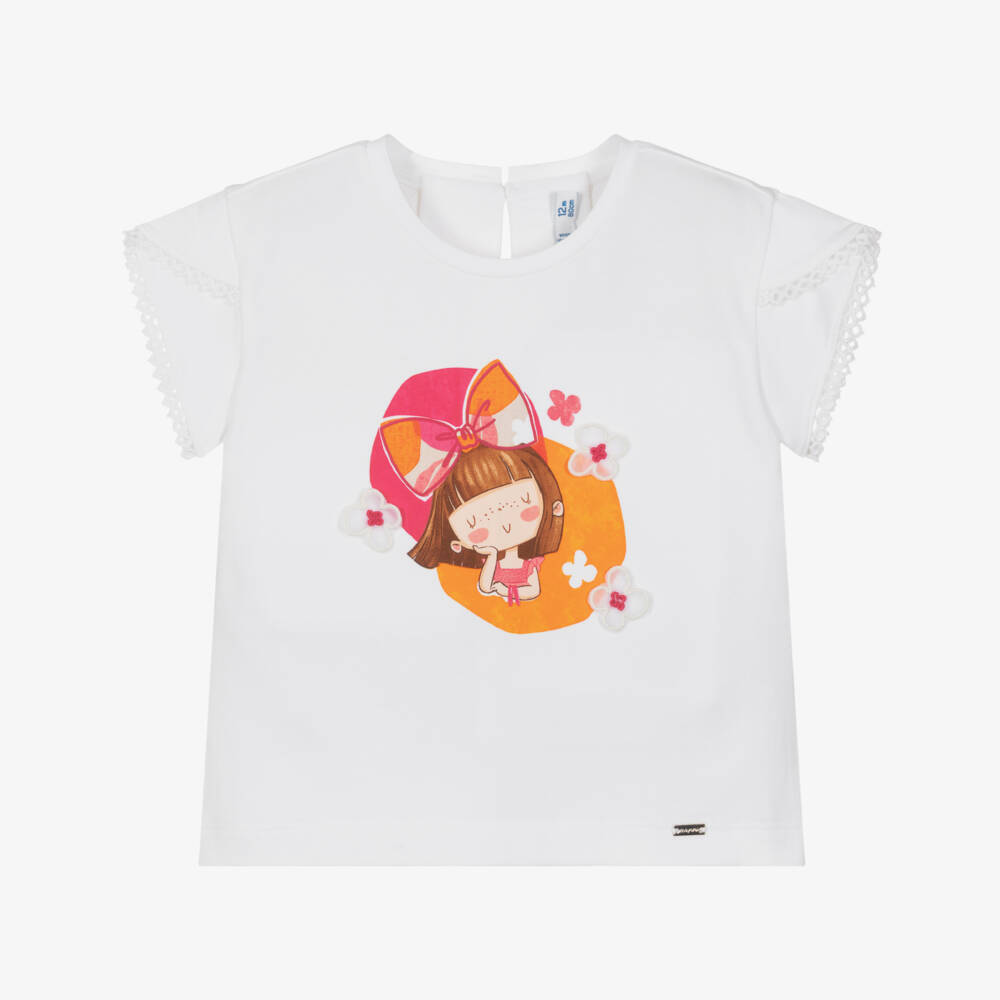 Mayoral-Girls White Cotton Girl Print T-Shirt with 3D Flowers | Childrensalon