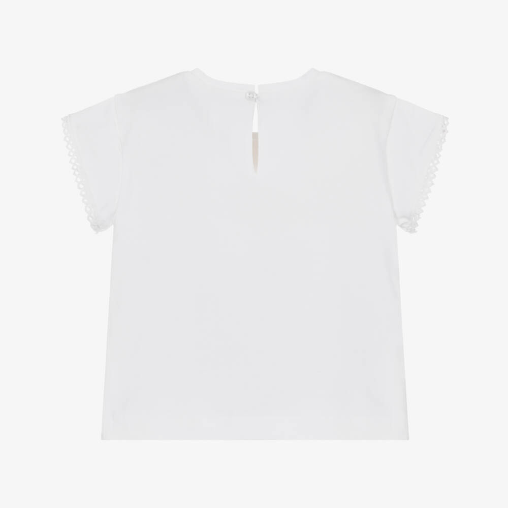 Mayoral-Girls White Cotton Girl Print T-Shirt with 3D Flowers | Childrensalon