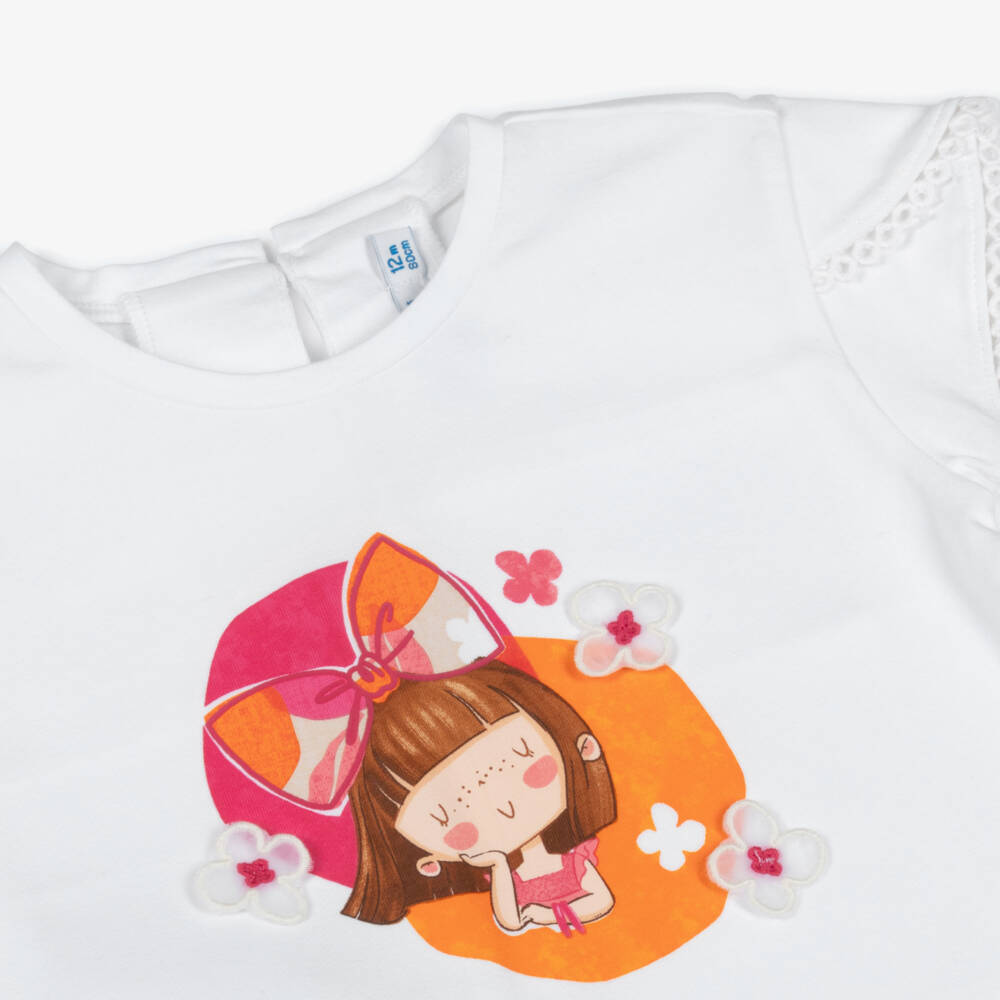Mayoral-Girls White Cotton Girl Print T-Shirt with 3D Flowers | Childrensalon