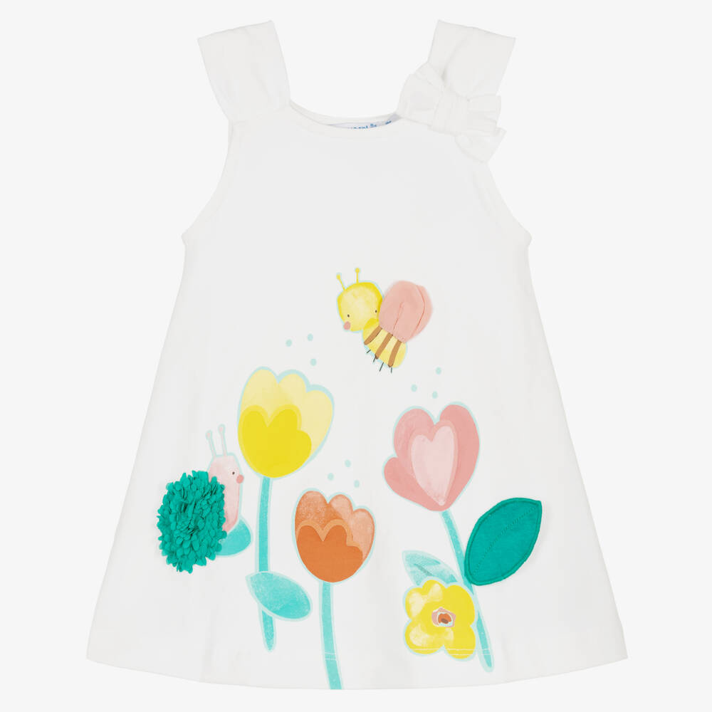 Mayoral-Платье белое из хлопкового трикотажа с цветами и пчелами для девочек | Childrensalon