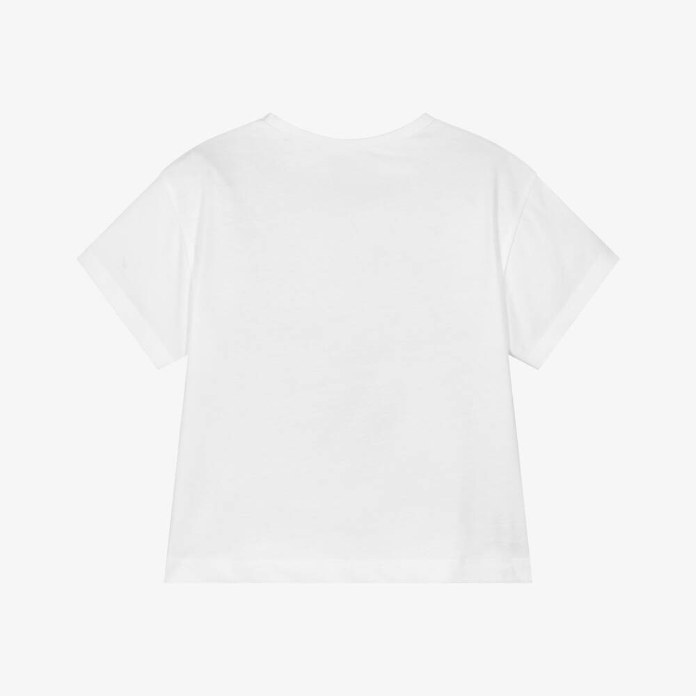 Mayoral-Футболка белая из хлопкового трикотажа с аппликацией цветов для девочек | Childrensalon