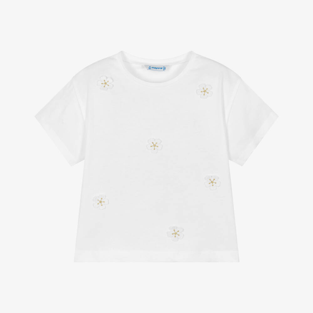 Mayoral-Футболка белая из хлопкового трикотажа с аппликацией цветов для девочек | Childrensalon