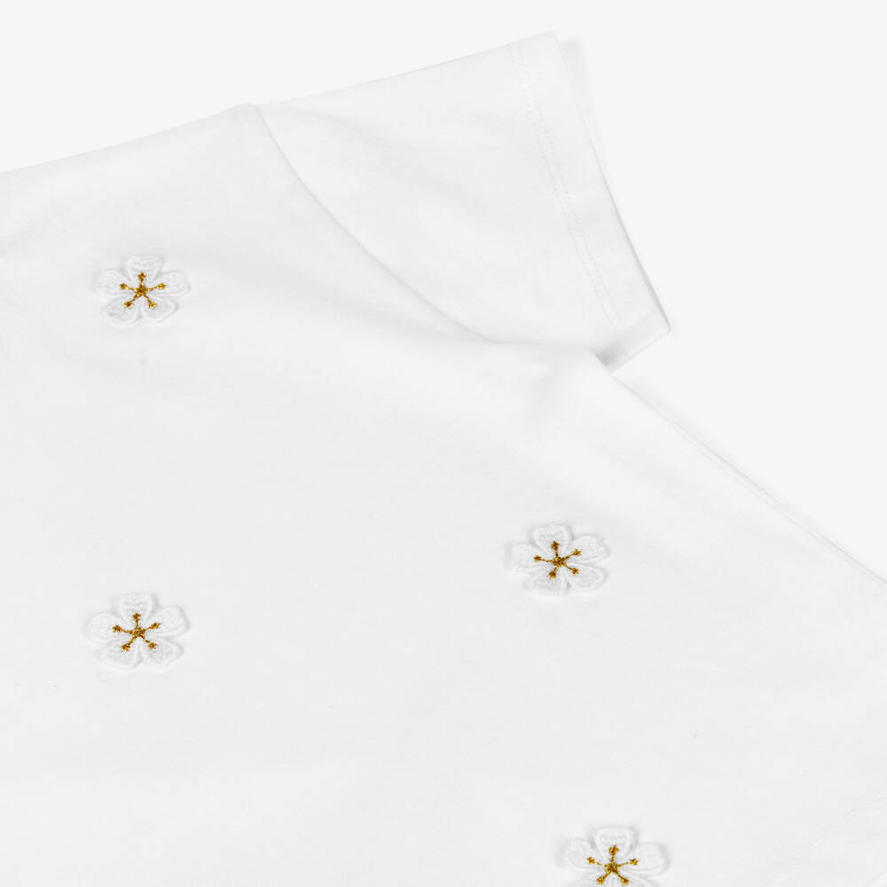 Mayoral-Футболка белая из хлопкового трикотажа с аппликацией цветов для девочек | Childrensalon