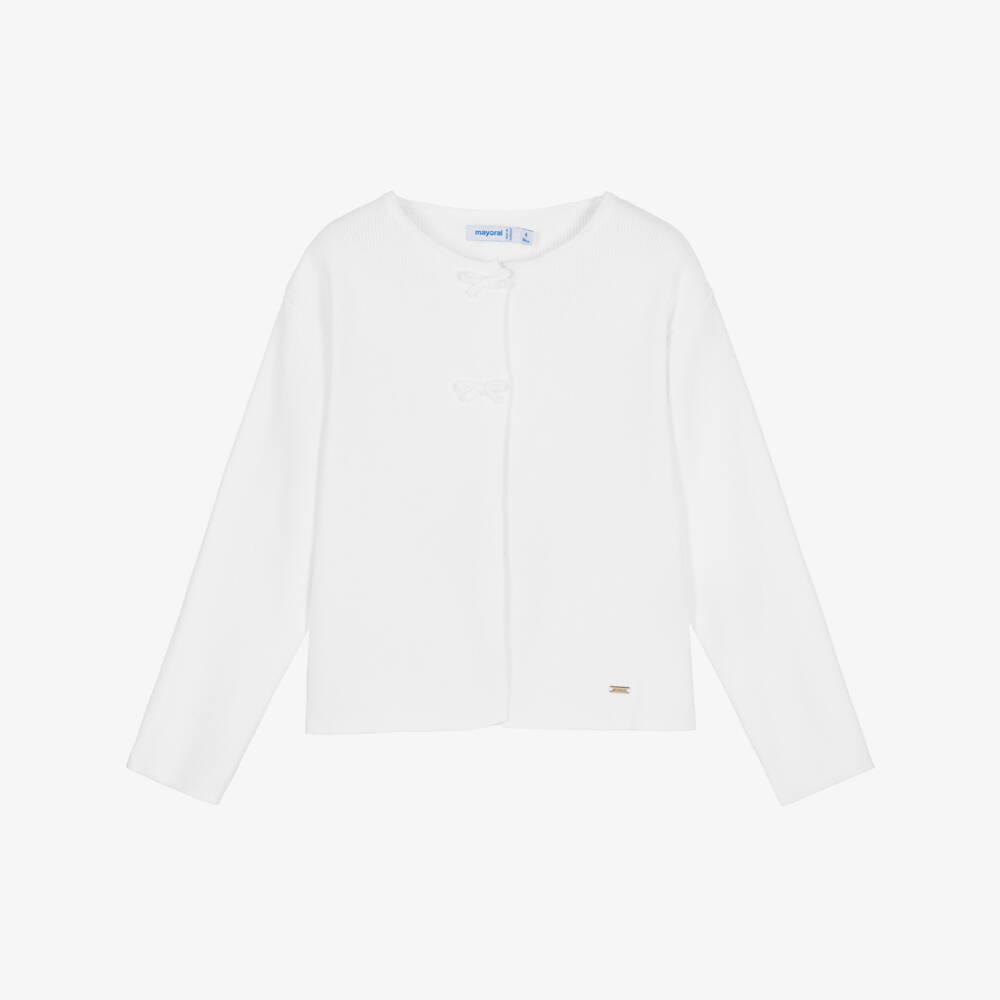 Mayoral-Girls White Cotton Knit Cardigan with Bows | Childrensalon