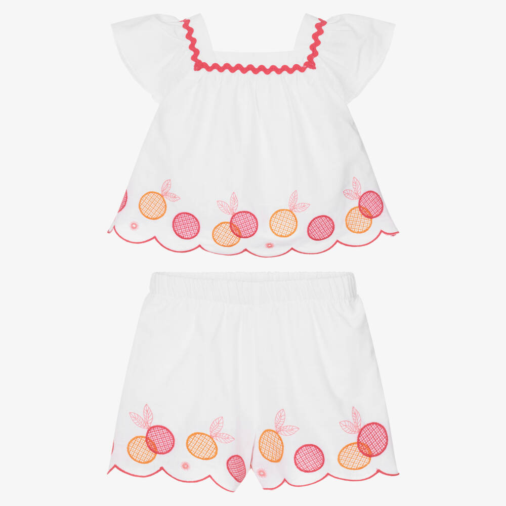 Mayoral-Girls White Cotton Shorts Set with Embroidered Fruits | Childrensalon