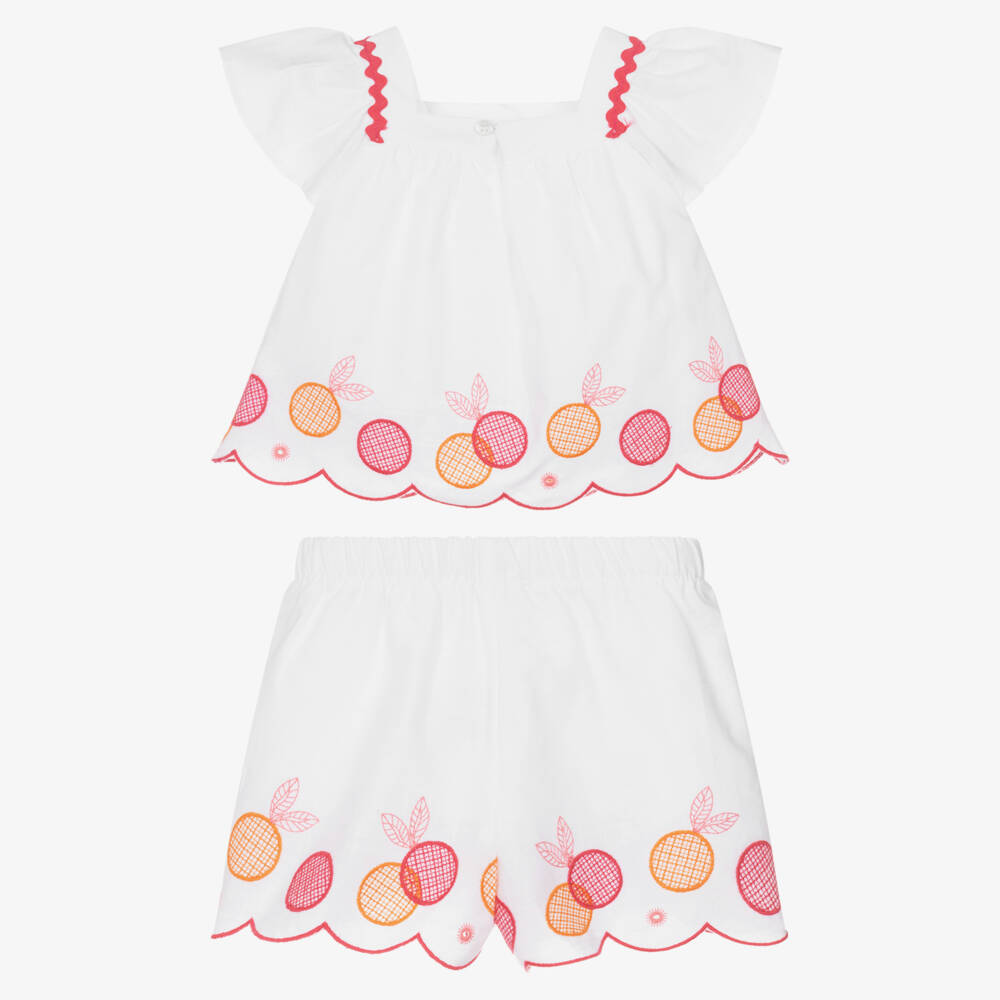 Mayoral-Girls White Cotton Shorts Set with Embroidered Fruits | Childrensalon