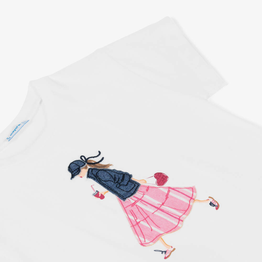 Mayoral-Girls White Cotton T-Shirt with Appliqué Motif | Childrensalon