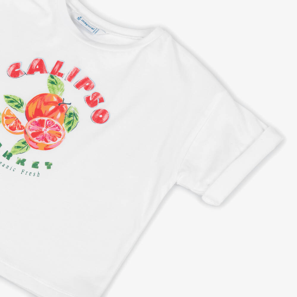 Mayoral-Girls White Cotton T-Shirt with Calipso Fruit Print | Childrensalon